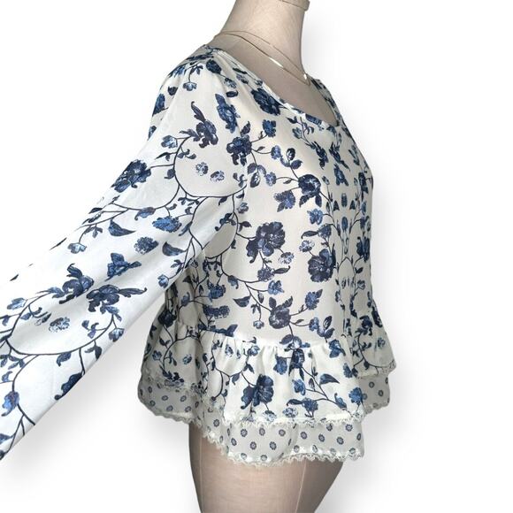 XHILIRATION Tiered Ruffle Floral Peplum Blouse Chiffon Long Sleeve Blue Small - Picture 2 of 10